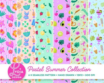 Bundel met pastel zomer naadloos patroon: pastel fruit, ijs, drankjes, strand, jungle en bloemen | Digitaal papierstofontwerp, png