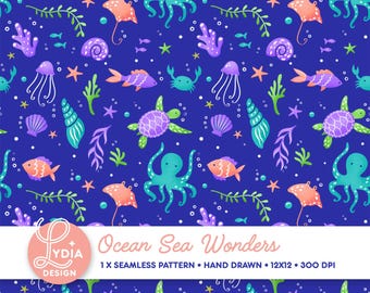 Naadloos patroon Ocean Sea Wonders | Kleurrijk digitaal plakboekpapier | Commercieel gebruik | Handgetekend