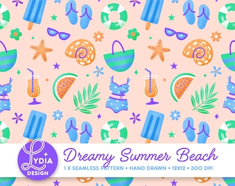 Dromerig zomerstrand naadloos patroon | Kleurrijk digitaal plakboekpapier | Commercieel gebruik | Met de hand getekend