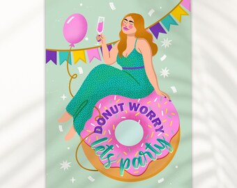 Grappige donut verjaardagskaart voor vriend, zus, grillige wenskaart, met de hand geïllustreerd feestthema