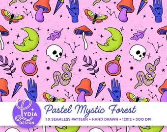 Naadloos patroon van een mystiek pastelbos | Kleurrijk digitaal scrapbookpapier | Commercieel gebruik | Handgetekend