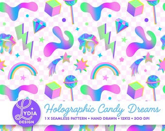 Holografisch Candy Dreams naadloos patroon | Kleurrijk digitaal plakboekpapier | Commercieel gebruik | Met de hand getekend