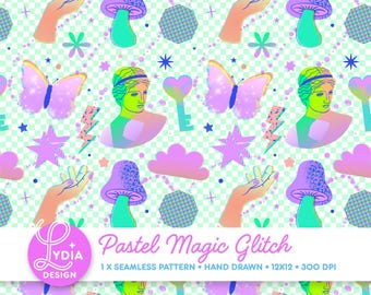 Naadloos pastelkleurmagisch glitchpatroon | Kleurrijk digitaal plakboekpapier | Commercieel gebruik | Met de hand getekend