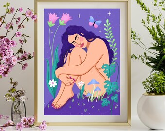 Midnight Garden-print, handgetekende boho-illustratie, hemelse grillige muurdecoratie, paarse esthetische digitale download