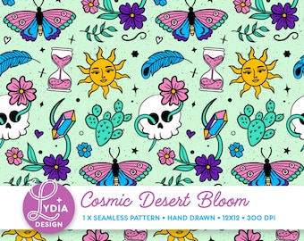 Naadloos patroon 'Kosmische Woestijnbloei' | Kleurrijk digitaal scrapbookpapier | Commercieel gebruik | Handgetekend