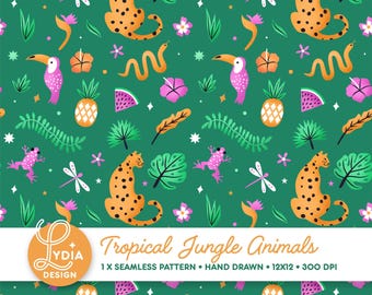 Naadloos patroon tropische jungledieren | Kleurrijk digitaal plakboekpapier | Commercieel gebruik | Handgetekend