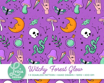 Naadloos patroon van Whichy Forest Glow | Kleurrijk digitaal scrapbookpapier | Commercieel gebruik | Handgetekend