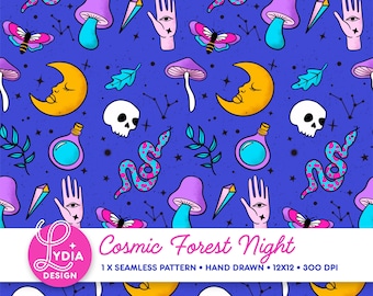 Naadloos patroon 'Kosmisch Bos Nacht' | Kleurrijk digitaal scrapbookpapier | Commercieel gebruik | Handgetekend