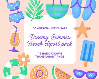 Dromerige zomerstrandclips | Leuke plakboekafbeeldingen | 12 handgetekende png-elementen | Plannerstickers | Commercieel gebruik