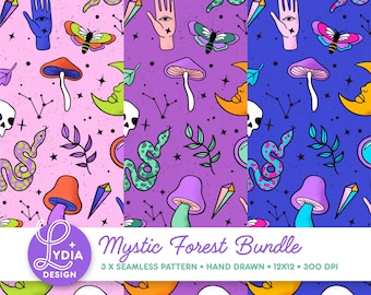 Mystic Forest Naadloos Patroonpakket: Zomerfruit IJs Tropische Drank | Digitaal Papier Stoffen Ontwerp PNG Commercieel Gebruik