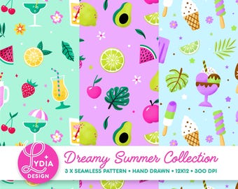 Bundel met dromerig zomers naadloos patroon: zomerfruitijs, tropische drank | Digitaal papierweefselontwerp, png-bestand voor commercieel gebruik