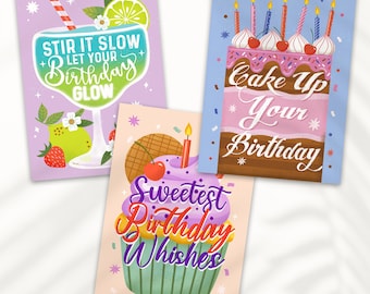 Sweet Birthday-kaartenset, 3 x A6 Verjaardags‑Ansichtkaarten met kleurrijke illustraties en gekleurde enveloppen