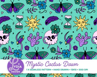 Naadloos patroon Mystieke Cactus Dageraad | Kleurrijk digitaal scrapbookpapier | Commercieel gebruik | Handgetekend