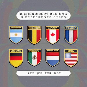 Może przedstawiać: Osiem wzorów haftów w kształcie tarczy z flagami Argentyny, Belgii, Kanady, Francji, Niemiec, Meksyku, Holandii i USA. Tekst 8 EMBROIDERY DESIGNS 3 DIFFERENTS SIZES oraz .PES .JEF .EXP .DST jest wyraźnie widoczny na grafice.