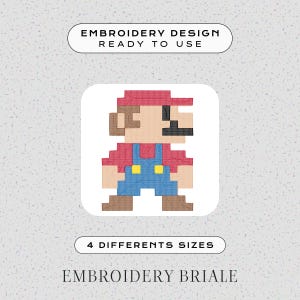 Puede incluir: Diseño de bordado con una imagen pixelada de un personaje con gorro rojo, camisa roja, peto azul y zapatos marrones. El texto dice "EMBROIDERY DESIGN READY TO USE" y "4 DIFFERENT SIZES".