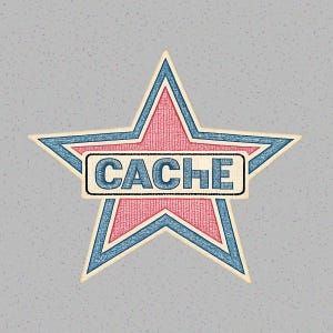 May include: A star-shaped embroidered patch featuring a pink center with a blue border and a cream-colored rectangular banner across the middle. The word CACHE is stitched in blue capital letters inside the banner, which has a thin black outline.