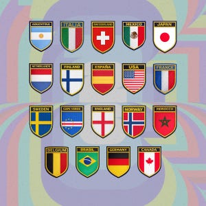 May include: A collection of nineteen shield-shaped embroidered patches featuring national flags from around the world. Each patch includes the country name in a black header bar with gold lettering, including Argentina, Italia, Switzerland, Mexico, Japan, Netherlands, Finland, España, USA, France, Sweden, Cape Verde, England, Norway, Morocco, Belgium, Brasil, Germany, and Canada.