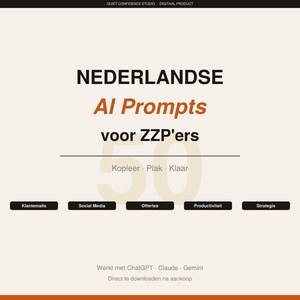 Op de afbeelding: Een digitale productadvertentie met de tekst "NEDERLANDSE AI Prompts voor ZZP'ers". De afbeelding bevat de tekst "Kopieer. Plak. Klaar" en knoppen voor Klantemails, Social Media, Offertes, Productiviteit en Strategie.