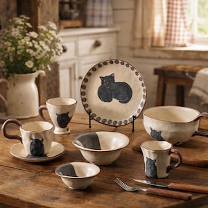 May include: A set of ceramic tableware with a black cat motif. The collection includes a plate, bowls, cups, and a saucer. The items have a cream base with brown trim and handles. The cat illustrations are in black.