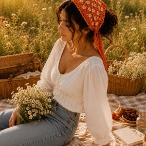 May include: A bright orange triangular crochet headscarf featuring a repeating white and yellow daisy flower pattern with a scalloped edge, tied at the back of the head with long, thin crocheted ties that drape down the side.