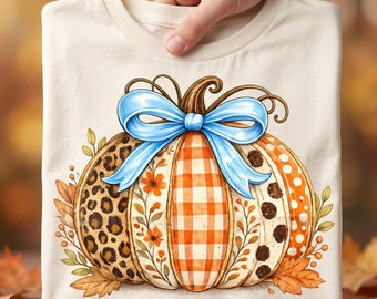 Trendy Preppy Fall Floral leopard Pumpkin Bow PNG | Cozy Season Shirt  Design | Coquette Autumn  Sublimation | Thanksgiving Digital Download