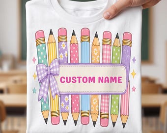 Custom Name Teacher Shirt Preppy Pencil Personalized Back To School Design Coquette Bow Appreciation Gift PNG, Sublimation, Digital Download