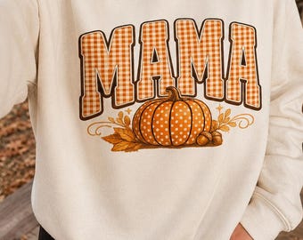 Trendy Retro Preppy Mama Fall Floral Pumpkin PNG| Cozy Season Shirt Design| Coquette Autumn Sublimation| Thanksgiving gingham, vibes Digital