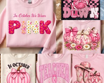 Breast Cancer Awareness Daisy Floral, Pumpkin, Cowgirl, Teacher, Touch Down, In October we wear pink, coquette PNG bundle dtf preppy retro