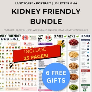 Nierziekte Voedsel Dieetlijst en grafiek afdrukbaar | Boodschappenlijstje nierdieet, maaltijdplan, poster gezonde gids | gratis pdf-tracker voor cadeausymptomen