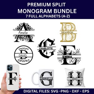 Split monogram alphabet Svg files bundle, letters, family name frame, font, fancy script circle  clipart, last name, cricut png, dxf, dwg,