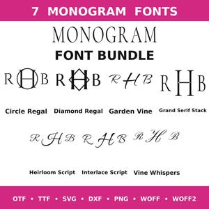 Pack de 7 polices monogrammes, polices monogrammes installables de type rHb, alphabets monogrammes à 3 lettres, motifs vigne, cercle et losange, compatibles Cricut (SVG, TTF, OTF, PNG, DXF).