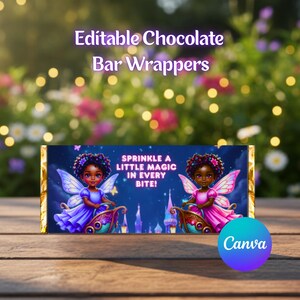 Puede incluir: Envoltorio de barra de chocolate con el texto "Editable Chocolate Bar Wrappers". El envoltorio presenta ilustraciones de hadas con alas de mariposa y el texto "Sprinkle a little magic in every bite!" El logotipo de Canva es visible.
