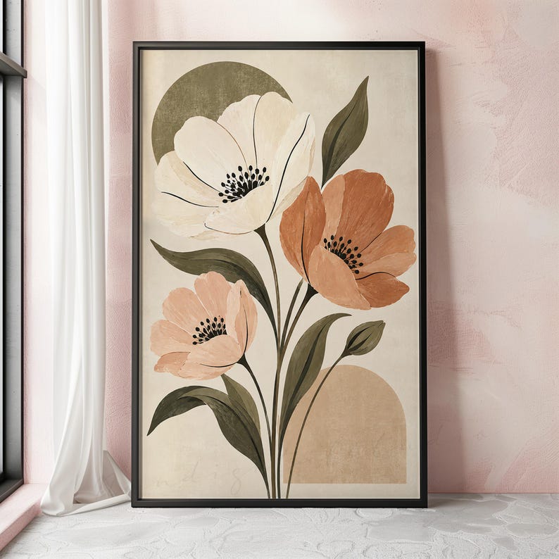 Neutral Botanical Wall Art, Mid Century Floral Print, Earth Tone Flower ...