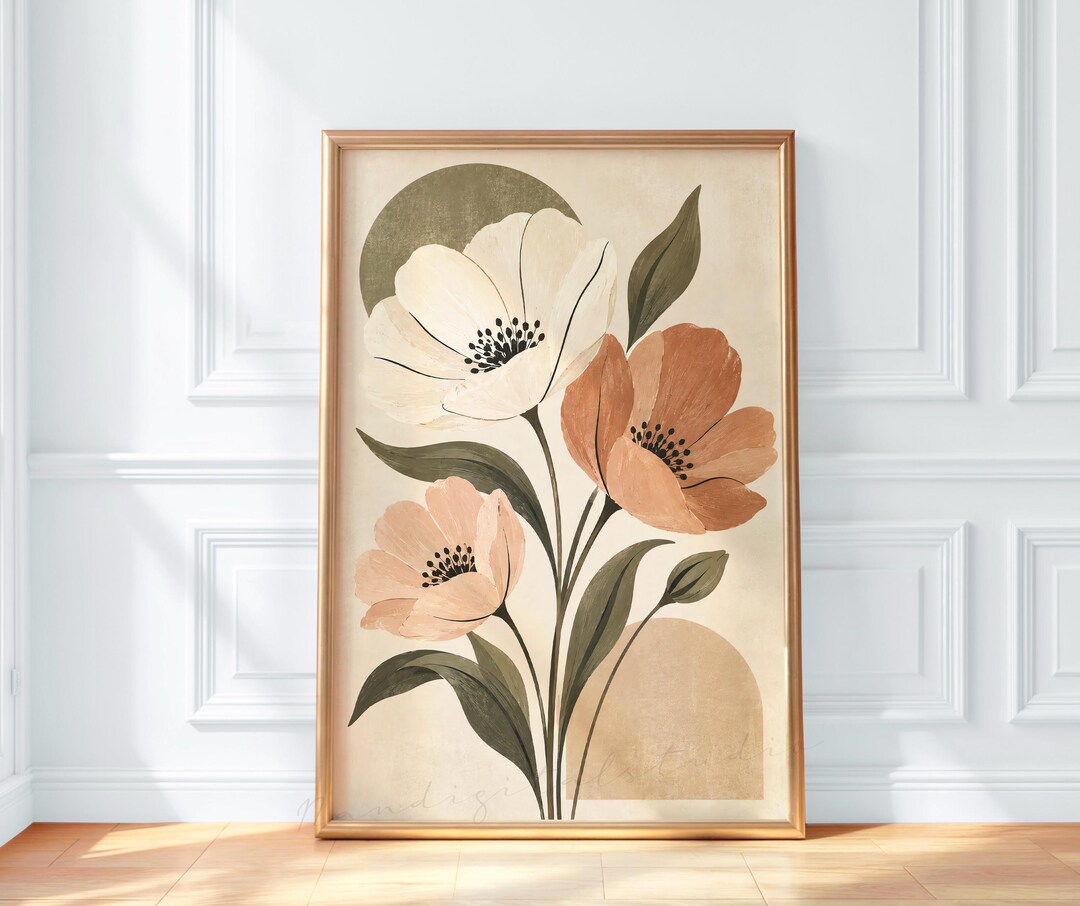 Neutral Botanical Wall Art, Mid Century Floral Print, Earth Tone Flower ...