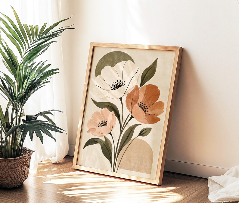 Neutral Botanical Wall Art, Mid Century Floral Print, Earth Tone Flower ...