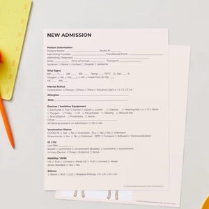 May include: A medical form titled "NEW ADMISSION" with sections for patient information, vital signs, and allergies. A yellow sticky note pad and an orange pen with a fluffy top are on the left. A yellow cup is in the bottom right corner.