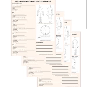 May include: A stack of white medical assessment forms titled "MULTI-WOUND ASSESSMENT AND DOCUMENTATION." Each form includes sections for patient information, wound details, and a wound measurement clock. The forms feature line drawings of the human body.