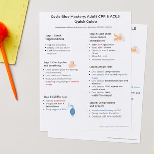 May include: A quick guide titled "Code Blue Mastery: Adult CPR & ACLS" with instructions on CPR and ACLS procedures. An orange pen with a fluffy orange top and a yellow notepad are in the image.