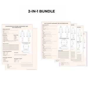 Könnte beinhalten: Ein Bündel von Wundbeurteilungs- und Dokumentationsformularen. Die Formulare enthalten Abschnitte für Patienteninformationen, Wundmessungen und Wundbettbeurteilung. Der Text "2-IN-1 BUNDLE" steht oben.