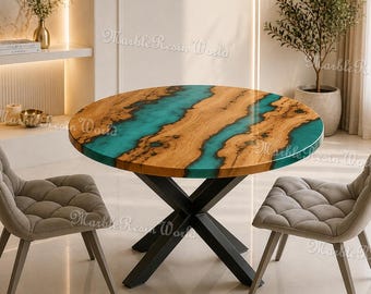 Live Edge Wood Resin Dining Table, Round Turquoise Epoxy River Table, Custom Olive Wood Table, Mid Century Modern Dining Table