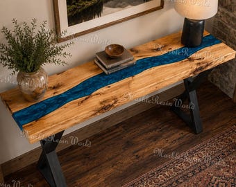 Live Edge Walnut Console Table with Blue Epoxy River | Rustic Entryway Table | Custom Slim Hallway modern & luxury console Sofa Table