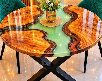 Round Epoxy Resin Dining Table, Live Edge Burl Wood coffee Table, Light Green Resin River Table, Luxury Modern Dining Room Furniture