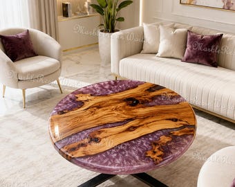 Round Purple Epoxy Resin Coffee Table, Olive Wood River Table, Live Edge Center Table, Luxury Handmade Living Room Furniture