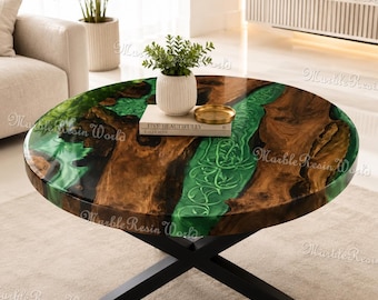 Round Green Epoxy River Coffee Table, Live Edge Burl Wood Table, Luxury Resin Center Table, Modern Living Room coffee table  Furniture