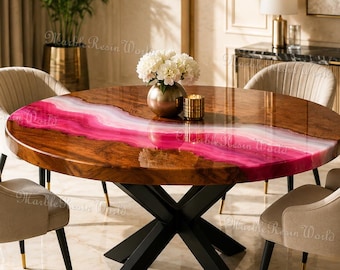 Round Pink Epoxy Resin River Dining Table, Live Edge Walnut Wood Table, Luxury Handmade Dining Room Furniture, Modern dining  Table