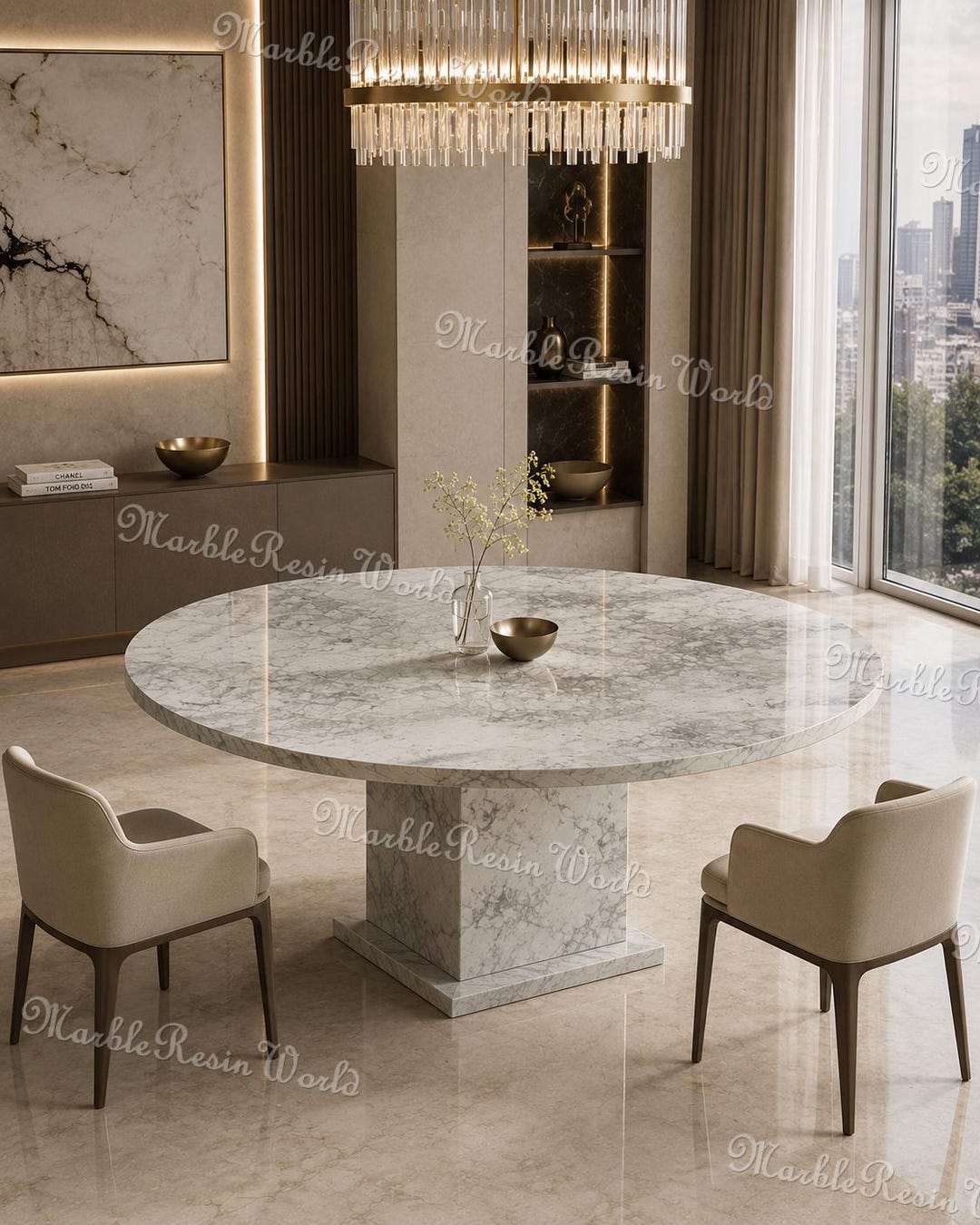 White Marble Round Dining Table – Modern Pedestal Base Table – Elegant ...