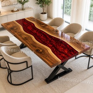 Luxury Epoxy River Dining Table, Ruby Red Resin & Live Edge Wood Table, Large Rectangular Handmade Dining Table, Modern Statement Furniture
