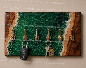Ocean Epoxy Resin Key Holder Wall Rack – Beach Inspired Entryway Key – Handmade Wood Resin Key Hanger Epoxy Ocean Key Holder Wall Rack