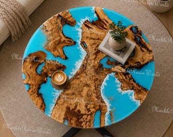 Round Ocean Epoxy Resin Coffee Table, Live Edge Burl Wood River Table, Blue Coastal Wave Resin Art Table, Beach House Living Room Decor
