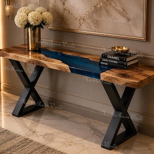 Live Edge Wood & Blue Resin Console Table | Luxury River Entryway Table | Modern Walnut Hallway Decor | Rustic Sofa modern  Table